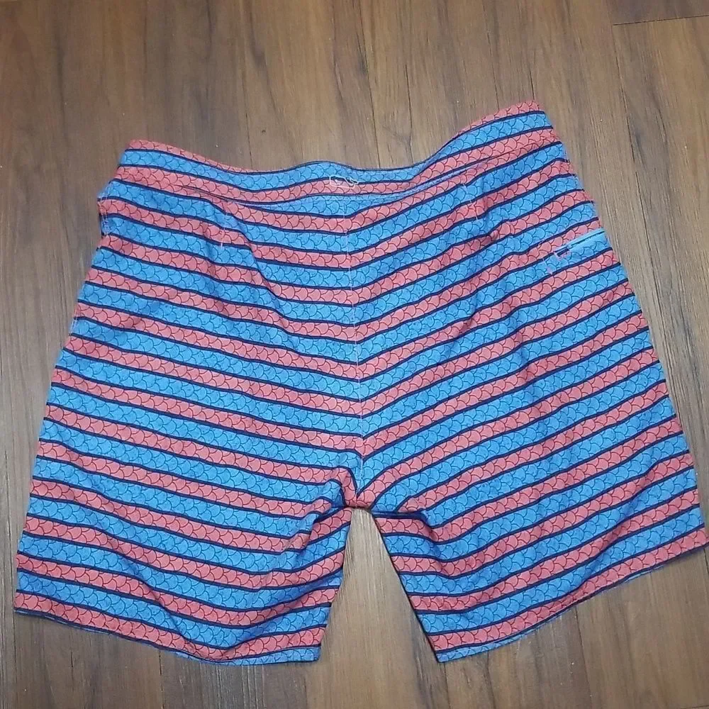 Vineyard Vibes Red Blue Fish Scales Striped Swim Board Shorts Size 42